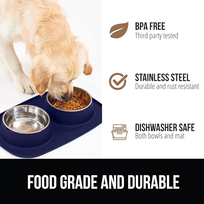 GORILLA GRIP Feeding Mat Bowl Set, 100% Waterproof BPA Free Silicone, 304 Stainless Steel Cat and Dog Bowls for Food and Water, Slip Resistant, High Edge, US Designed, Patent Pending, 2 Cup Navy Blue