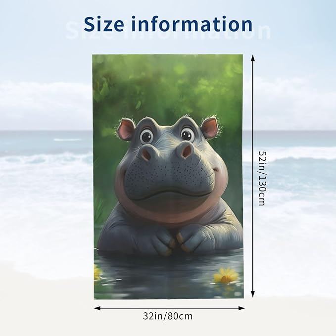Cute Hippo Beach Towel 31inx51in, Aniaml Sand-Free Microfiber Bath Towel Ultra Soft Quick Dry Pool Towel Absorbent Towel Lightweight Towel for Swimming Bathroom Decor