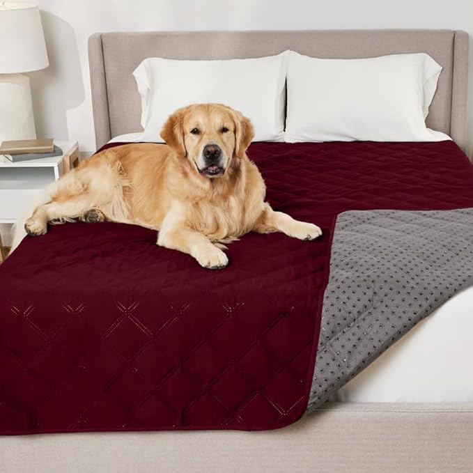 GORILLA GRIP Waterproof Bed Cover for Dogs, 82x82, Gripped Slip Resistant Backing, Leak Proof Washable Dog Blanket Covers Sofa, Couch, Sectional, Crate, Car, RV Seats, Pet Puppy Essentials, Burgandy