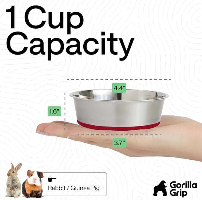 GORILLA GRIP Dog Bowls, Heavy Duty 304 Stainless Steel, Holds 1 Cup Each (8 fl oz) Food and Water Bowl for Feeding Dogs and Cats, Dishwasher Safe, Rust Resistant, BPA Free Rubber Base Set of 2 Red