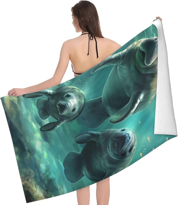 Manatee Beach Towel Animal Sand-Free Microfiber Bath Towel Ultra Soft Quick Dry Pool Towel Absorbent Towel Lightweight Towel Gifts for Outdoor Bathroom Swimming Decor 31inx51in