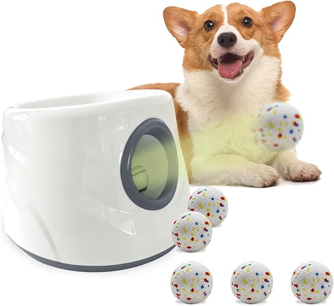 Automatic Ball Launcher for Dogs ，The Upgraded Ball Thrower Adjustable Distance 20-45ft Including 6 PCS 2.3-inch Sized ETPU Balls, Interactive Dog Toys Suitable for Small to Medium Sized Dogs