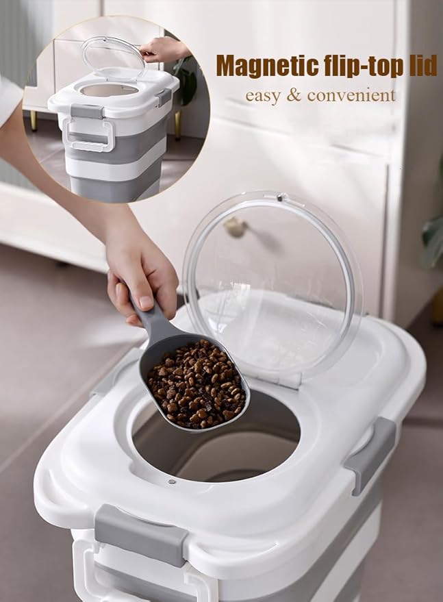 Airtight Dog Food Storage Container, Collapsible Pet Food Container with Casters, Scoop and Cup - Keeps Up to 20 Lbs and Large Capacity