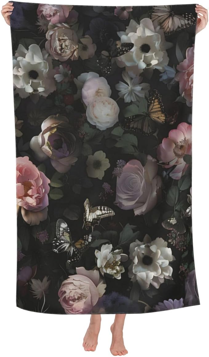 Dark Floral Butterfly Beach Towel Flower Sand-Free Microfiber Bath Towel Ultra Soft Quick Dry Pool Towel Absorbent Towel Lightweight Towel Gifts for Outdoor Bathroom Swimming Decor 31inx51in