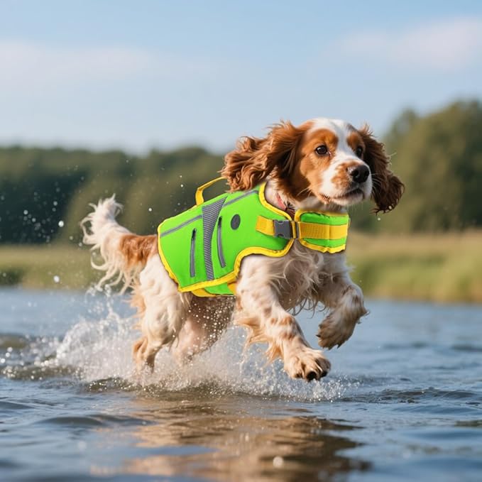 EMUST Dog Life Jacket, Dog Water Vest with Breathable Mesh, High Visibility Pet Safety Vest for Small Medium Large Dogs, PFD for Small Medium Large Dogs, Green, S