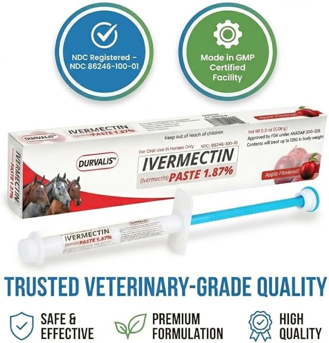 Ivermectin Horse Paste 1.87% Dewormer 6.08g Dose-Effective Appled Flavored Ivermectin Paste for Equine Care,Horse Deworming Paste -for Horses Up to 1250 lb (1 Pack)