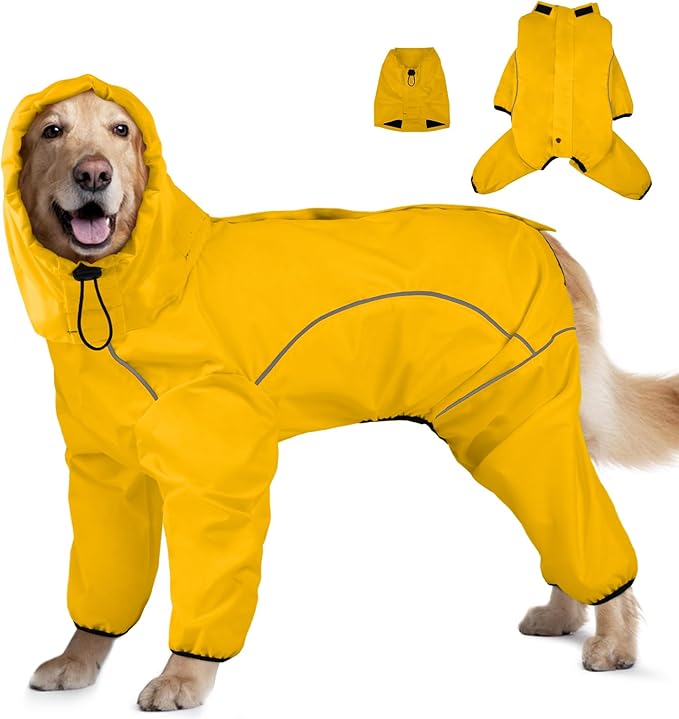 Dog Raincoat, Waterproof Dog Rain Jacket with Removable Hood，Adjustable 4 Legs Pet Poncho with Leash Hole，Reflective Stripe Hooded Snowproof Windproof Clothes for Small to 3X-Large Dogs, L