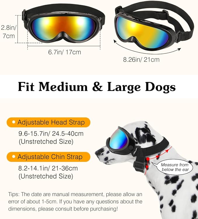 Lewondr Dog Goggles Medium Large Breed, Dog Sunglasses with Adjustable Straps and Soft Sponge Pad, UV/Wind/Dust/Fog/Snow Dog Eye Protection Sunglasses for Outdoor Driving Riding, Black