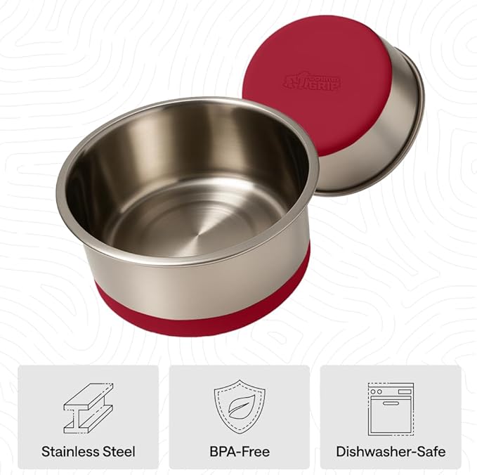 GORILLA GRIP Dog Bowls, Heavy Duty 304 Stainless Steel, Holds 1 Cup Each (8 fl oz) Food and Water Bowl for Feeding Dogs and Cats, Dishwasher Safe, Rust Resistant, BPA Free Rubber Base Set of 2 Red