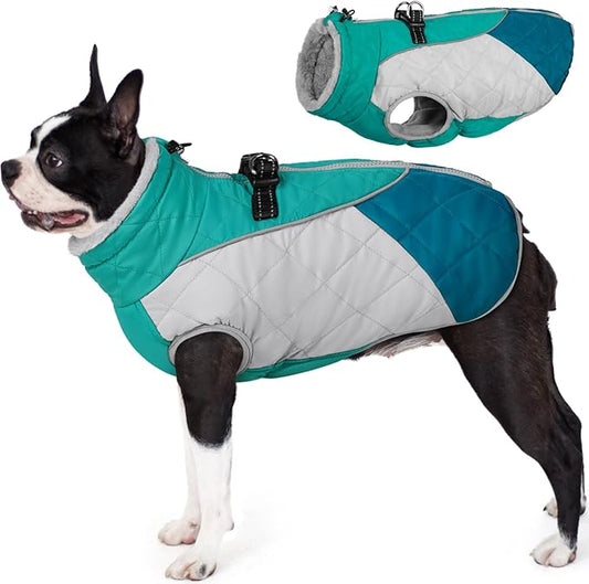 AOFITEE Dog Coat, Dog Winter Coat, Reflective Small Dogs Jacket with Harness Built in and Fleece Lined, Waterproof Pet Winter Jacket Warm Snowsuit for Small Medium Large Dogs, Green XS