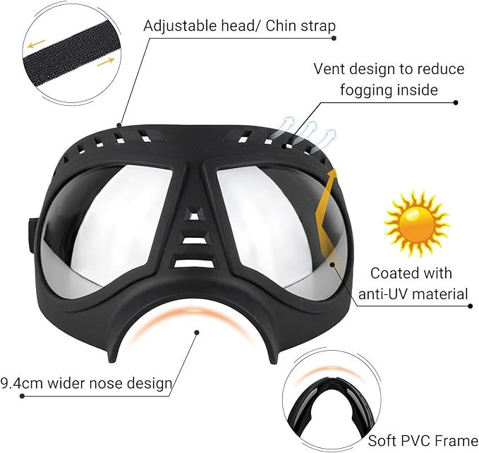 Namsan Dog Goggles for Large Dogs, Wide Snout & Soft Frame, Tactical Driving Sunglasses for Dogs Medium to Large Breed, Anti-UV Dog Eye Protection, Windproof Dustproof, Adjustable, Black