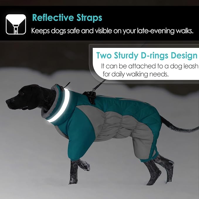 AOFITEE Fullbody Dog Coat Warm Fleece Dog Jacket, Windproof Dogs Winter Coat with Harness Built in, Reflective Turtleneck Dogs Snowsuit Puffer Jacket, Four Legged Snow Suit for Small Medium Large Pet