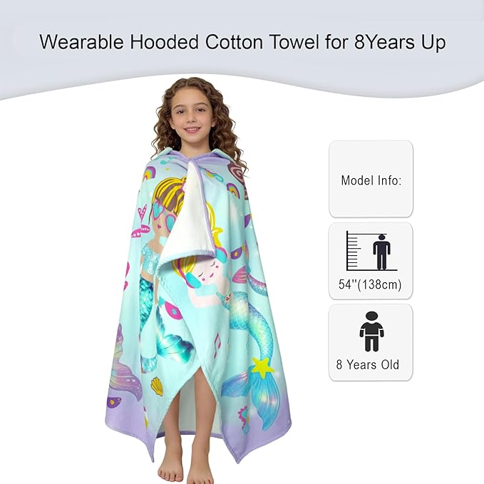 VOOVA & MOVAS Mermaid Hooded Beach Towel for Teens & Big Kids 8Years Up, Soft Absorbent 100% Cotton Thick Towel Wrap for Girls, Beach Pool Swim Bath Cover-Up