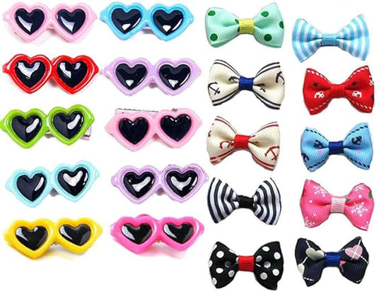 20Pcs Dog Hair Clips - Heart Sunglass Pet Hair Bows Alligator Hairpins Small Animal Barrettes, Multicolor Dog Hair Accessories
