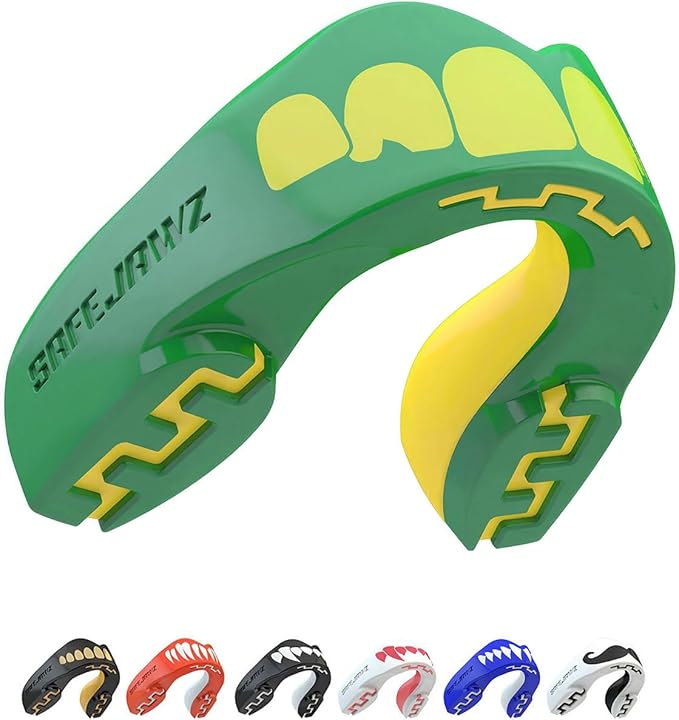 SAFEJAWZ Mouth Guard, Dual Layer Mouthguard for Youth with Case, Easy Fit Remoldable Mouthpiece for Football, Boxing, Lacrosse, MMA, Basketball & All Contact Sports (Kids <11 Years, Ogre Green)