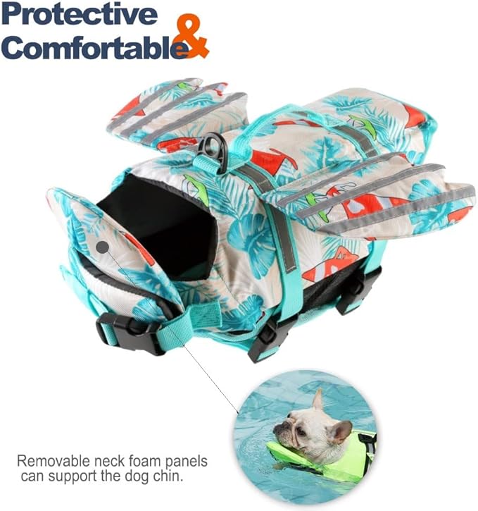 Dog Life Jacket, Wings Pet Life Vest for Swimming Boating Reflective Dog Flotation Swim Vest with Handle and Chin Float for Small Medium Large Size Dogs - Leaves Blue, L