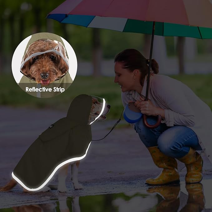 Lukovee Dog Raincoat - Lightweight Hooded Dog Rain Coat for Large Medium Small Dogs, Adjustable Poncho Jacket with Reflective Stripes & Built-in Storage Pocket (Green, X-Large)
