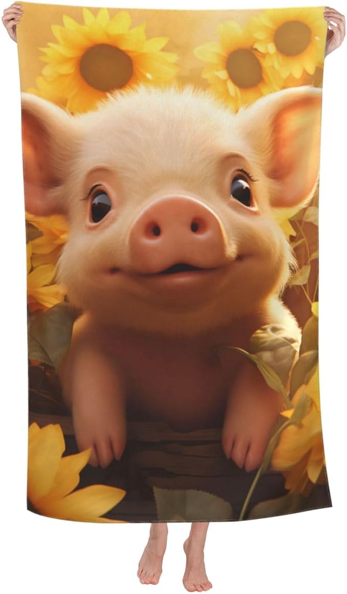 Sunflower Pig Beach Towel Cute Animal Sand-Free Microfiber Bath Towel Ultra Soft Quick Dry Pool Towel Absorbent Towel Lightweight Towel for Outdoor Bathroom Swimming Decor 31inx51in