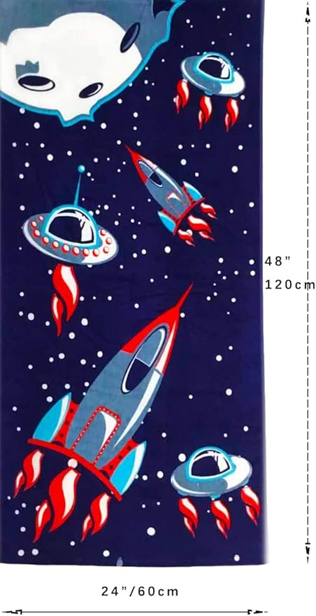 YIFONTIN Kids Beach Towel Velour Terry Blanket Throw 100% Cotton 24X48 inches for Swimming Bath Travel Sports Holiday Camping and Picnic, Navy Spaceship Rocket.