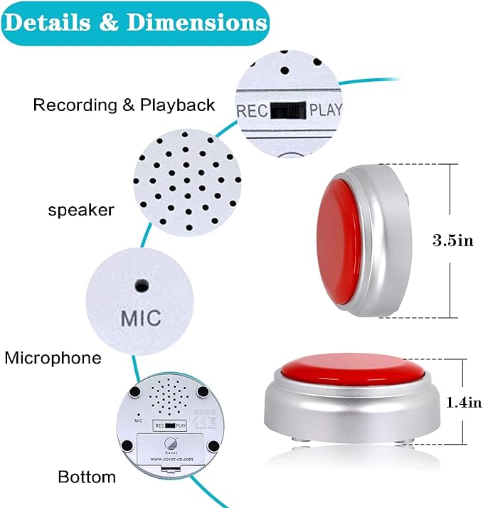 Recordable Button,Record Talking Button,Easy Button 30S Voice Recordable Button Sound Effect Button with Play Back （Red and Silver）