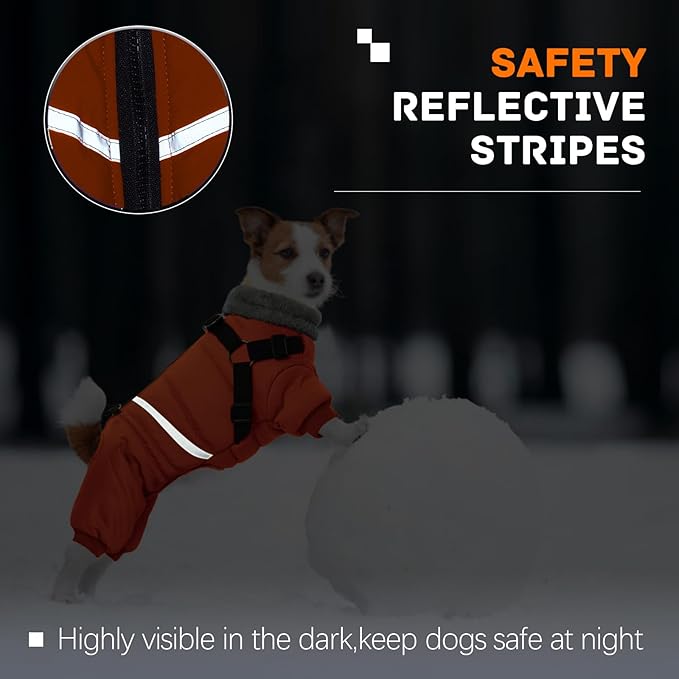 BRKURLEG Small Dog Winter Coat with Harness Built in, Orange Winter Dogs Jackets, Fullbody Dog Coat, Dogs Snowsuits Reflective Windproof Cold Weather Coats, Pet Warm Fleece Coats, L