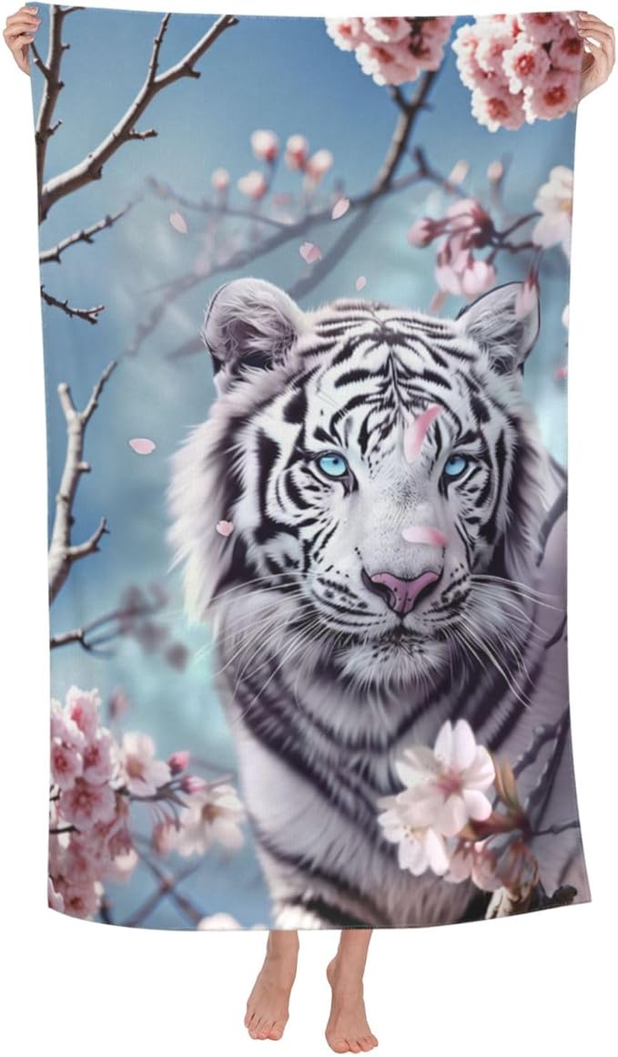 White Tiger Beach Towel,32x52in Microfiber Quick Dry Cherry Blossom Floral Wildlife Bath Towels,Soft Lightweight Oversized Sand Free,for Travel Pool Swimming Gym Decor,Gifts