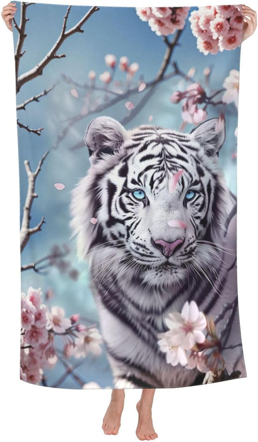 White Tiger Beach Towel,32x52in Microfiber Quick Dry Cherry Blossom Floral Wildlife Bath Towels,Soft Lightweight Oversized Sand Free,for Travel Pool Swimming Gym Decor,Gifts