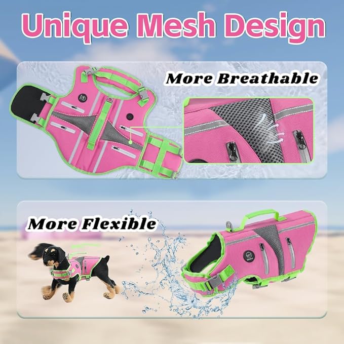 EMUST Dog Life Jacket, Reflective Dog Life Vest for Swimming with 4 Pockets, High Buoyancy Small Medium Large Dog Floating Vest with Reinforced Rescue Handle, Pink, XS