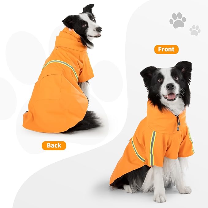 Dog Raincoat, Waterproof Windproof Dog Rain Jacket Adjustable, Rain Coat with Leash Hole, Reflective Strap Raincoat Poncho for Small Medium Large Dogs Outdoor (Reflection-Orange, XXS)