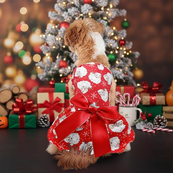 Christmas Santa Claus Dog Dress, Festive Holiday Pet Skirt Outfit with Snowflake Design for Small and Medium Dogs