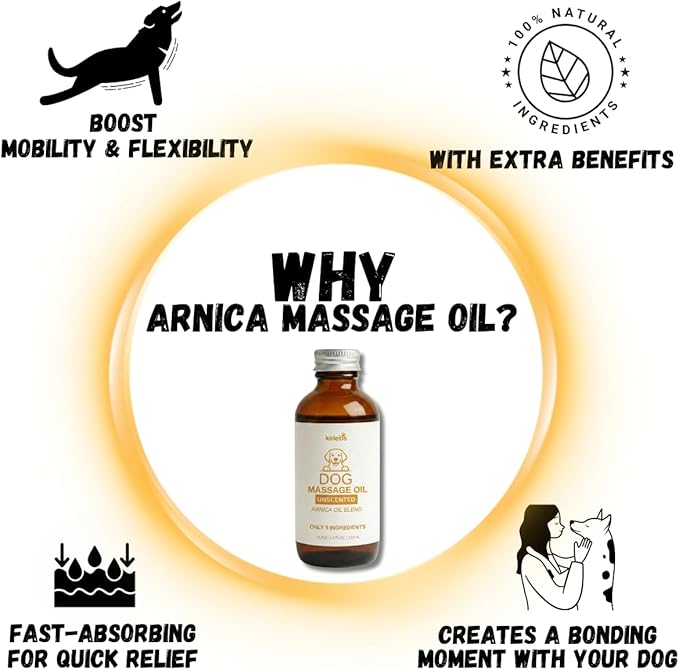 KELEBS Dog Arnica Massage Oil | Pain Relief for Muscles, Arthritis, HIPS, and Joints | for Active & Senior Dogs | Organic Arnica-Infused Oil Blend – Only 5 Ingredients | Glass Bottle