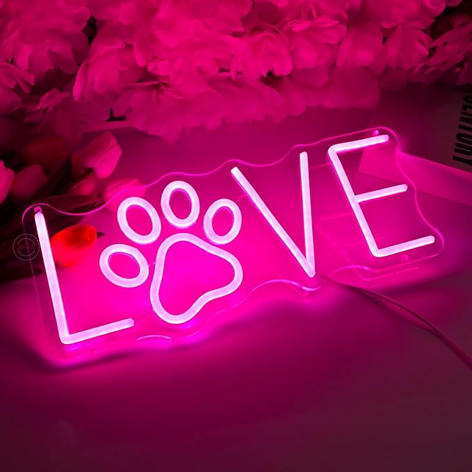 Britrio Pink Love LED Neon Light Sign Dog Paw Neon Sign Wall Decor for Pet Room Dog Cat Lover Girl Bedroom Wife Women Birthday Wedding Gift Living Room Home Decor Neon Night Light USB Powered 15.75”
