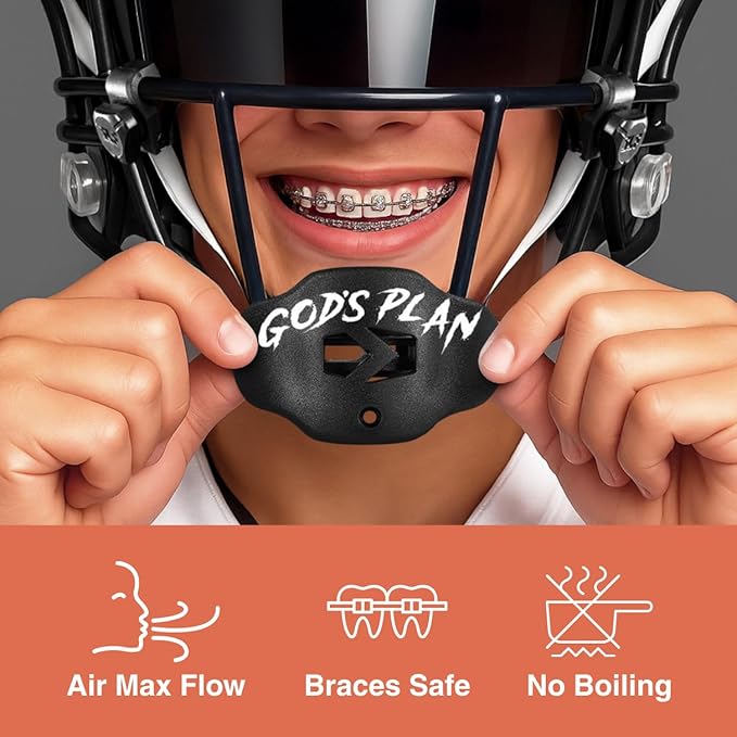 SLEEFS Football Mouth Guard - Youth Mouthguard with Strap - Lip/Teeth Protector Mouthpiece - No Boil - for Youth/Adults, Maximum Air Flow, for All Sports - God's Plan Black