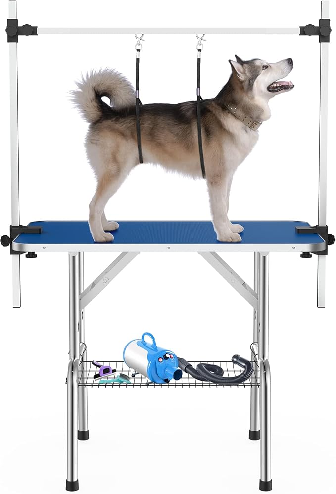 APRILSOUL 42 Inch Pet Grooming Table for Medium Dogs,Adjustable Height,Foldable,Anti-Slip Surface,with Arms, Nooses, Mesh Tray