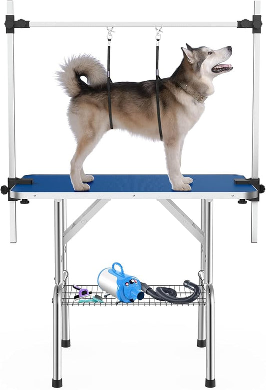 APRILSOUL 42 Inch Pet Grooming Table for Medium Dogs,Adjustable Height,Foldable,Anti-Slip Surface,with Arms, Nooses, Mesh Tray
