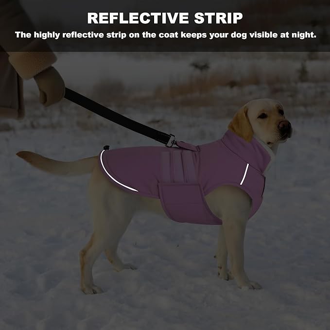 Mklhgty Extra Warm Dog Coat, Waterproof Dog Winter Jacket with Leash Portal, Fleece Reflective Pet Snow Vest for Small Medium Large Dogs - Lilac - XL