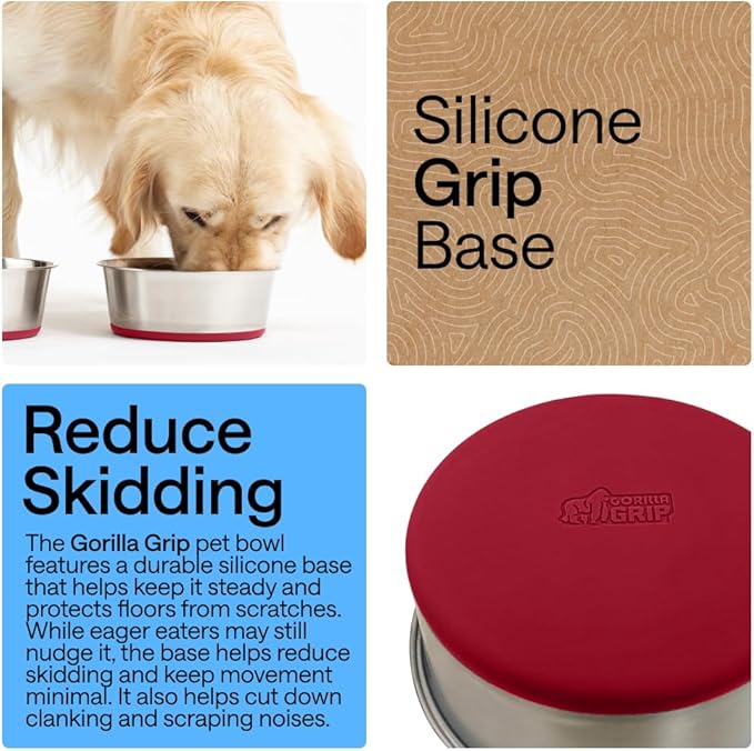 GORILLA GRIP Dog Bowls, Heavy Duty 304 Stainless Steel, Holds 2 Cups Each (16 fl oz) Food and Water Bowl for Feeding Dogs and Cats, Dishwasher Safe, Rust Resistant, BPA Free Rubber Base Set of 2 Red