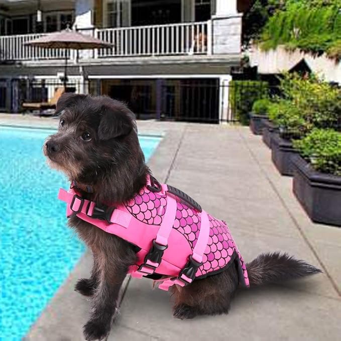 Queenmore Dog Life Jacket Ripstop Shark Dog Safety Vest Adjustable Preserver with High Buoyancy and Durable Rescue Handle for Small,Medium,Large Dogs, Pink Fish Large
