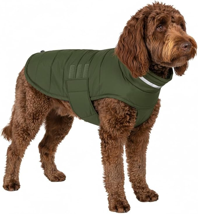 Mklhgty Waterproof Dog Coat for Medium Dogs, Warm Dog Winter Jacket, Reflective Windproof Turtleneck Dog Cold Weather Coats with Adjustable Hook & Loop - Green - M