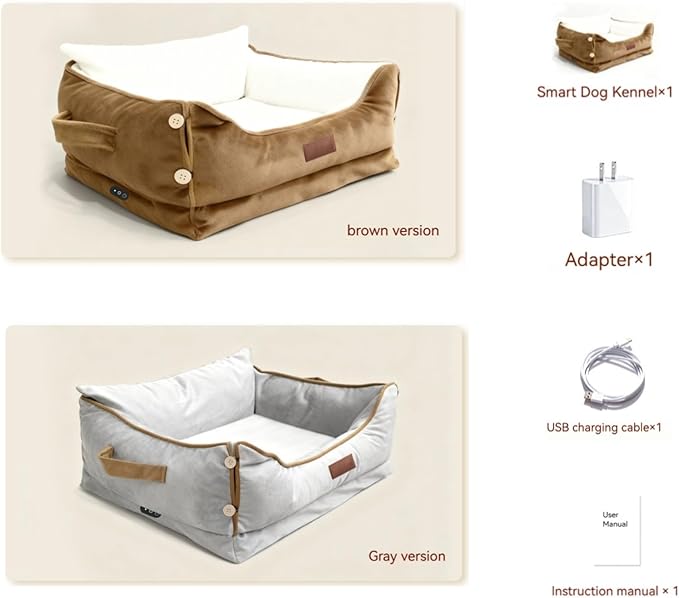 Smart Pet Bed with Health Monitoring System, Gray Orthopedic Dog Sofa, Digital Display, Heart Rate Detection, Sleep Tracking, Cloud Connected (Brown, Medium)