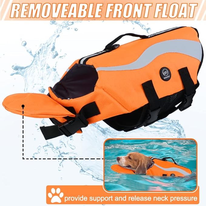 EMUST Life Jacket for Large Dogs, Dog Life Vest for Small/Medium/Large Dogs with Double Rescue Handles, High Reflective Dog Life Preserver for Swimming, Orange,L