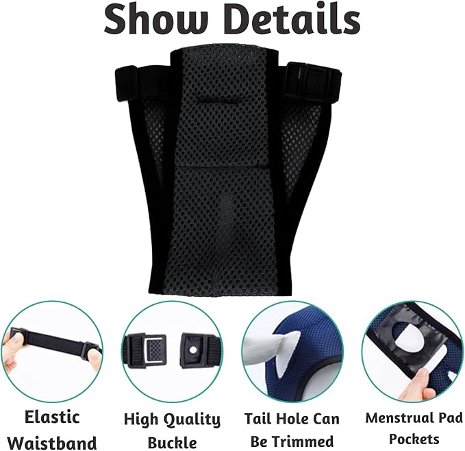 Every Pet Reusable Diapers with 3 Replace Diaper,Breathable Mesh Washable Dogs Sanitary Pads,Menstruation Diapers Panties Adjustable Sanitary Briefs for Small Medium and Large Dogs(5PCS Black,Large)