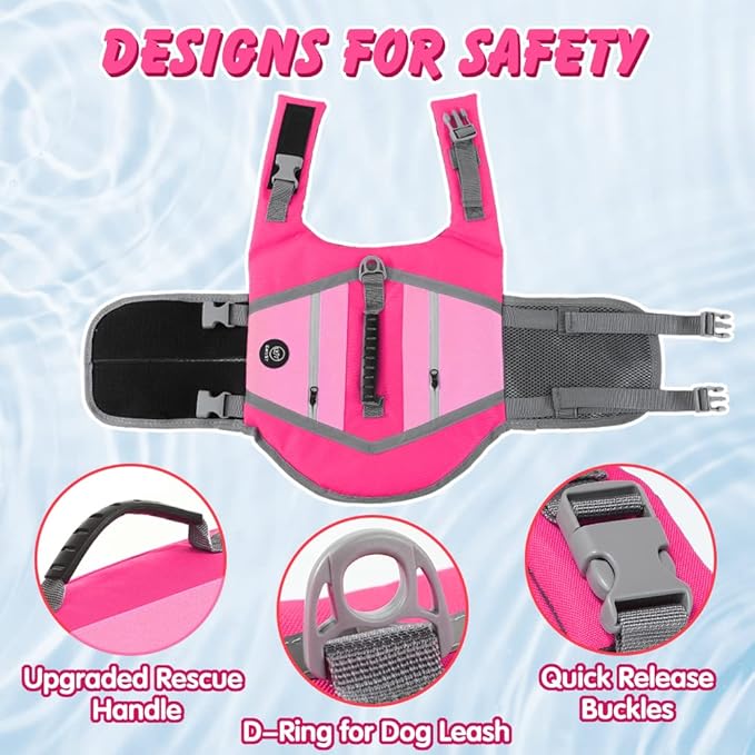 EMUST Dog Life Jackets, Durable Dog Life Jackets for Swimming, Boating with High Visibility, Stylish Dog Swimsuit with D-Ring for Dog Leash for Swimming, Boating, Kayaking, Pink, XL