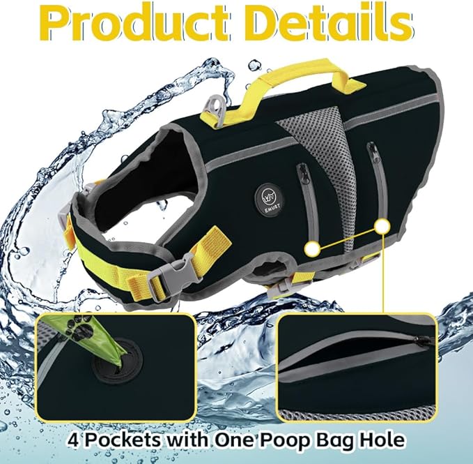EMUST Dog Life Jacket, Reflective Dog Life Vest for Swimming with 4 Pockets, High Buoyancy Small Medium Large Dog Floating Vest with Reinforced Rescue Handle, Black, XS