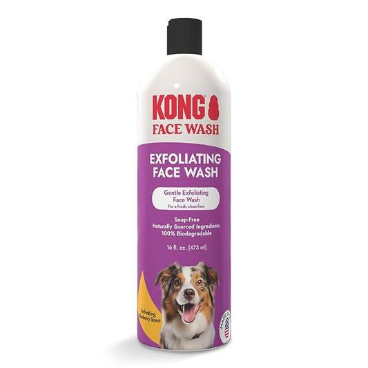 Kong Exfoliating Face Wash for Dogs – Gentle Cleanser, Removes Tear Stains & Odors, Blueberry Scent, 16 fl oz – Biodegradable, Hypoallergenic, Soap-Free, Cruelty-Free, for Sensitive Skin, Made in USA