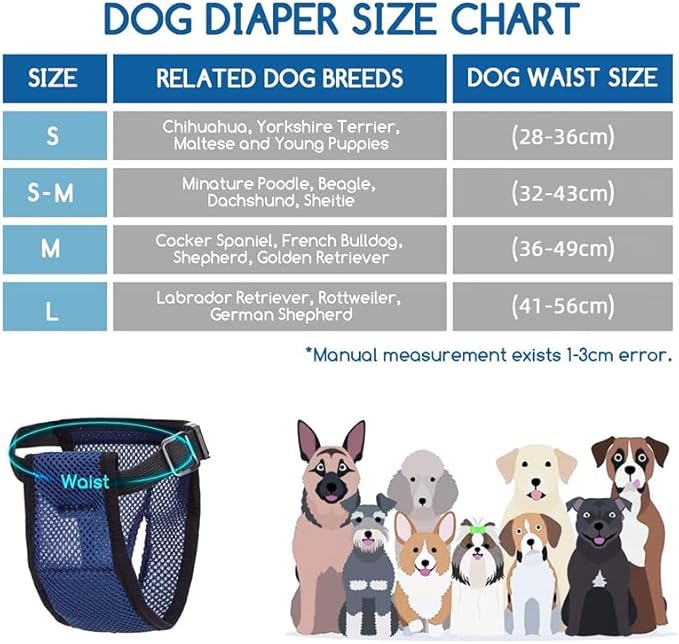 Large Washable Female Dog Diapers, Breathable & Adjustable Belly Bands for Housebreaking (Black+Blue L)