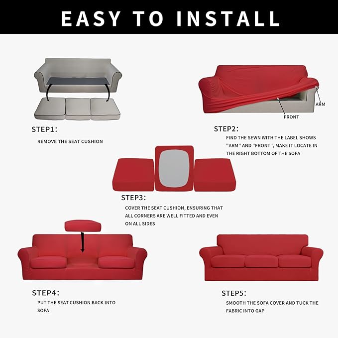 Easy-Going 100% Dual Waterproof 4 Pieces Stretch Soft Couch Cover for Dogs, Sofa Slipcover for 3 Separate Cushion Couch Leakproof Furniture Protector for Kids, Pets Christmas Red