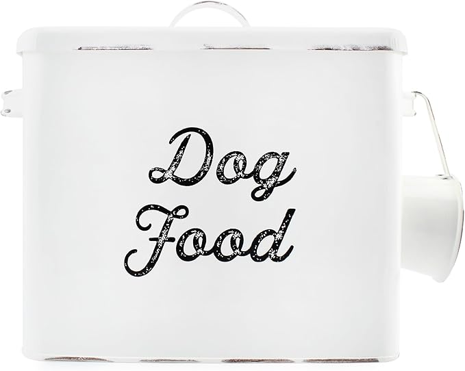 AuldHome Design Rustic Dog Food Canister, White Farmhouse Style Storage Bin for Small Dogs