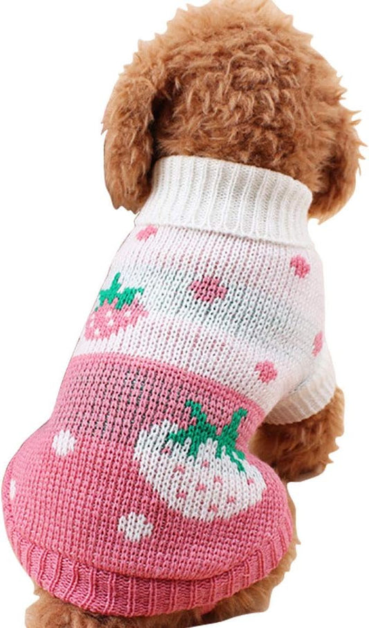 CHBORCHICEN Pet Dog Sweaters Classic Knitwear Turtleneck Winter Warm Puppy Clothing Cute Strawberry and Heart Doggie Sweater (Pink, Large)