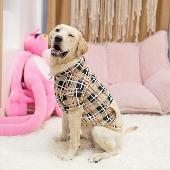 EXPAWLORER Plaid Dog Hoodie - British Style Warm Dog Sweater Shirt with Leash Hole,Pitbull Clothes Outfits,Winter Coat Apparel for All Breeds Puppy Girl Boy-Cat Apparel,Beige XL-XXLarge